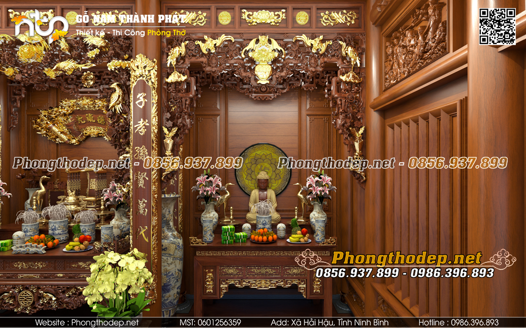 Nội thất nhà gỗ 3 gian trên tầng 2 kết hợp thờ Phật